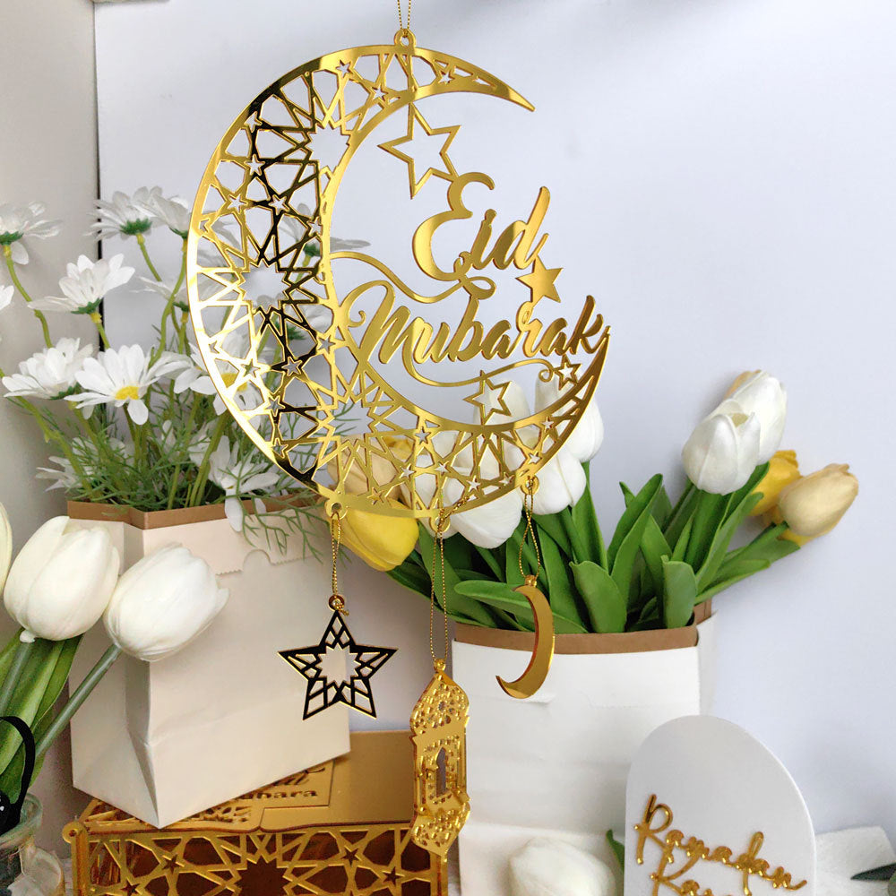 Ramadan & Eid Hanging Decor is Hanged in a Corner.