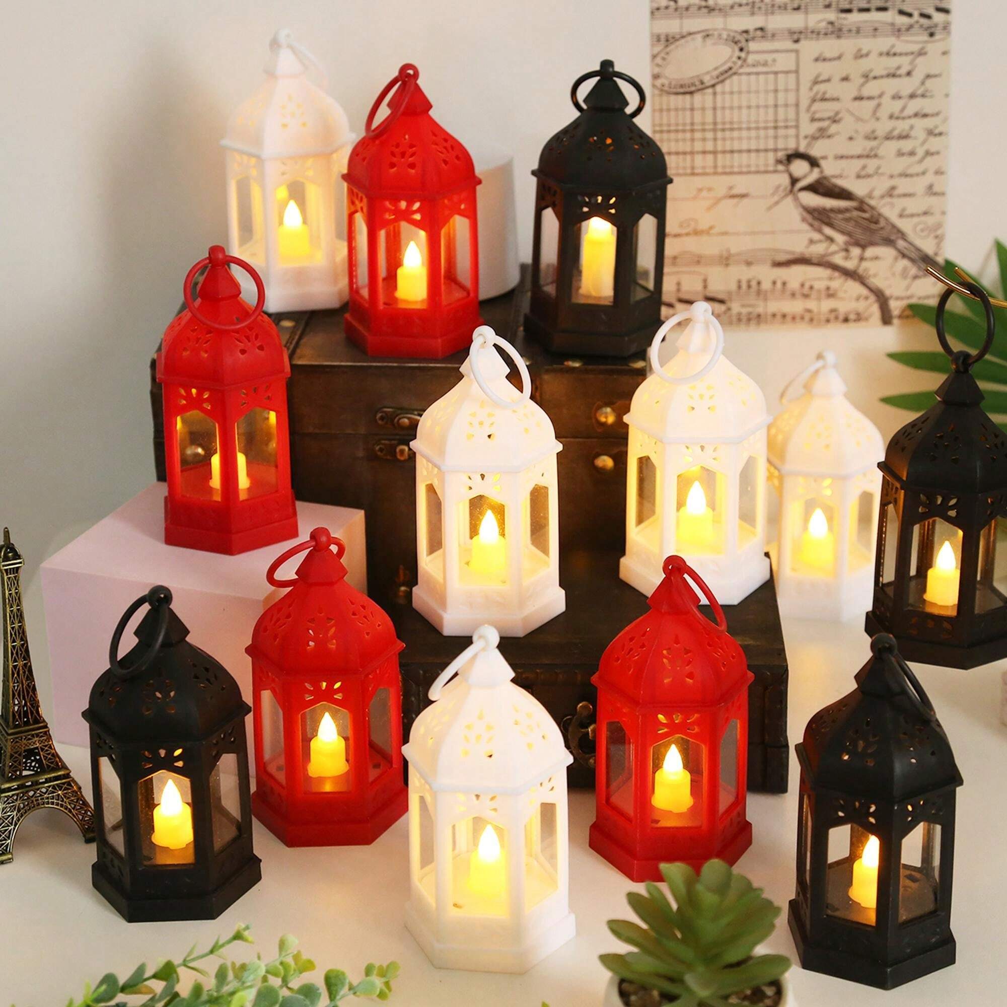 Set of Ramadan Eid decorative LED lantern lights in red, white, and black.