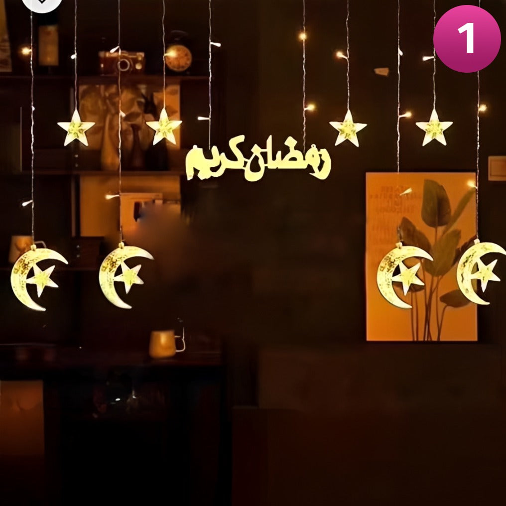 Ramadan Kareem LED String Light with Moon & Star Decor is Hanged inside a House.