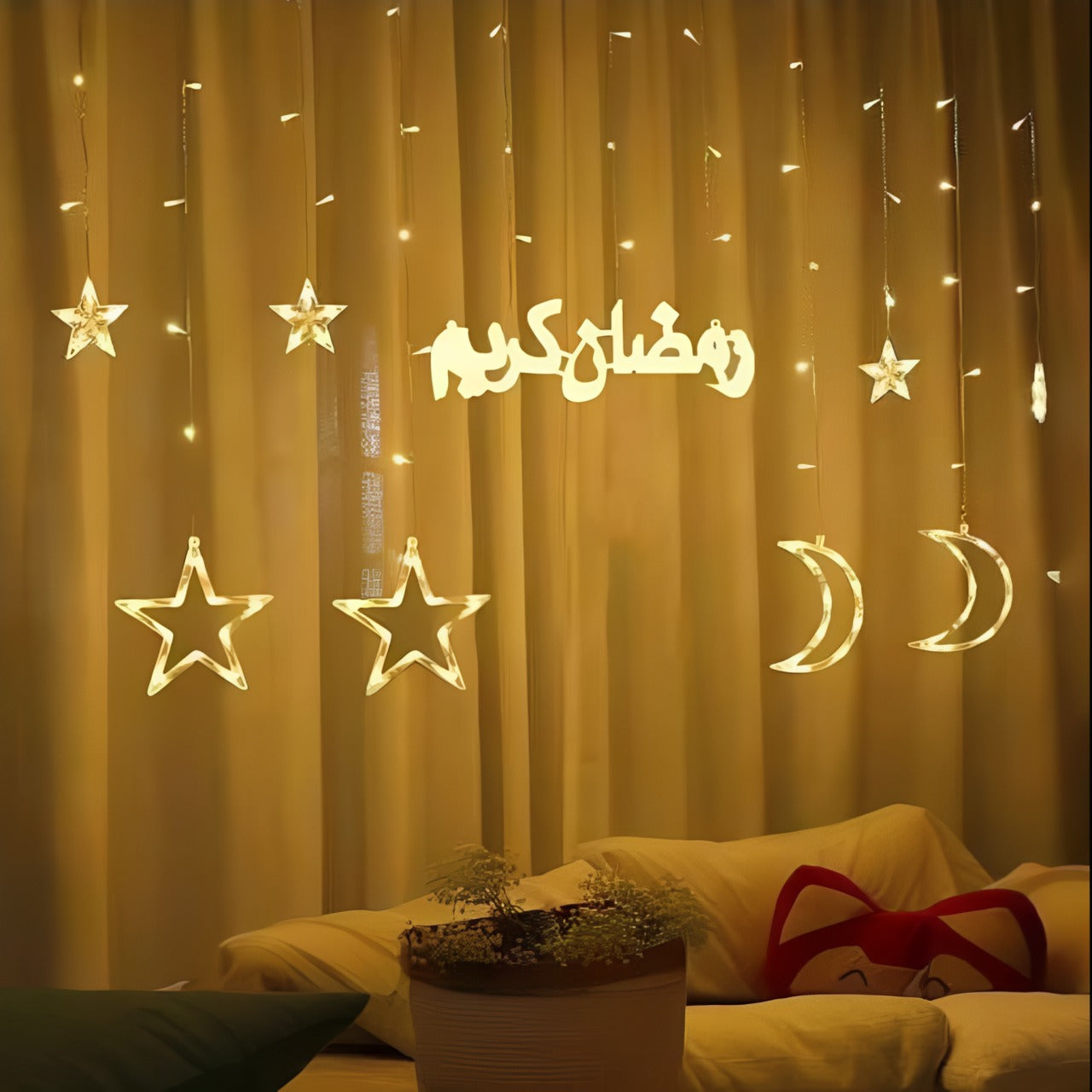 A Ramadan Kareem LED String Lights with Moon & Star is Hanged On the Side of Curtain.