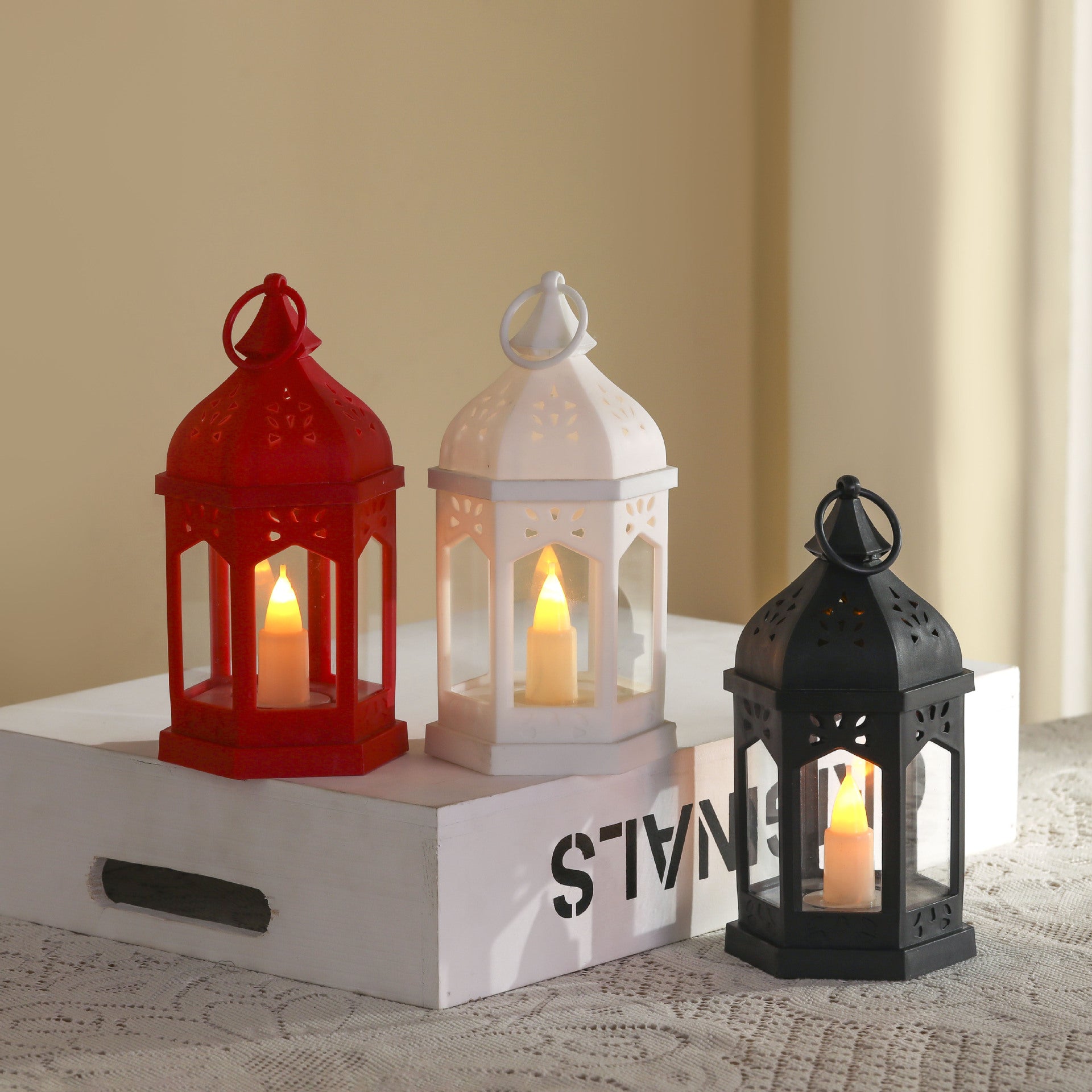 Set of three Ramadan Eid decorative LED lantern lights in red, white, and black