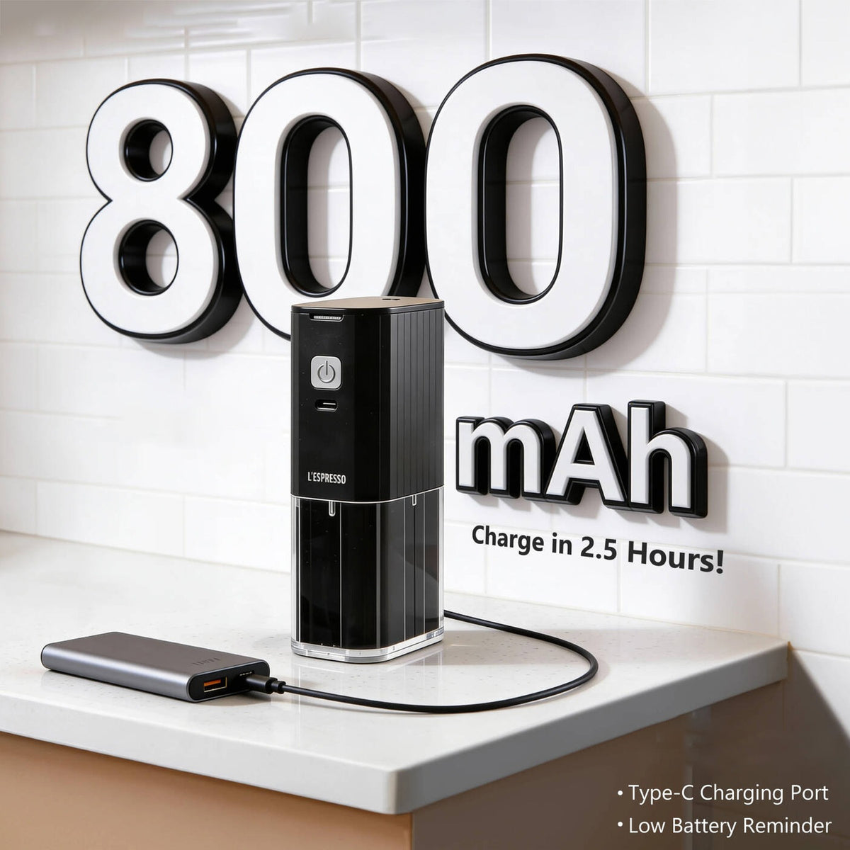 A portable Lepresso JetGrind Rechargeable Coffee Grinder with a built-in power bank placed on a table, featuring an 800mAh rechargeable battery and Type-C charging support.