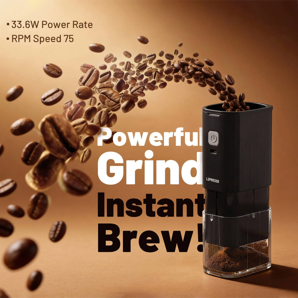 Lepresso JetGrind Rechargeable Coffee Grinder with powerful 33.6W motor for fresh coffee grinding.