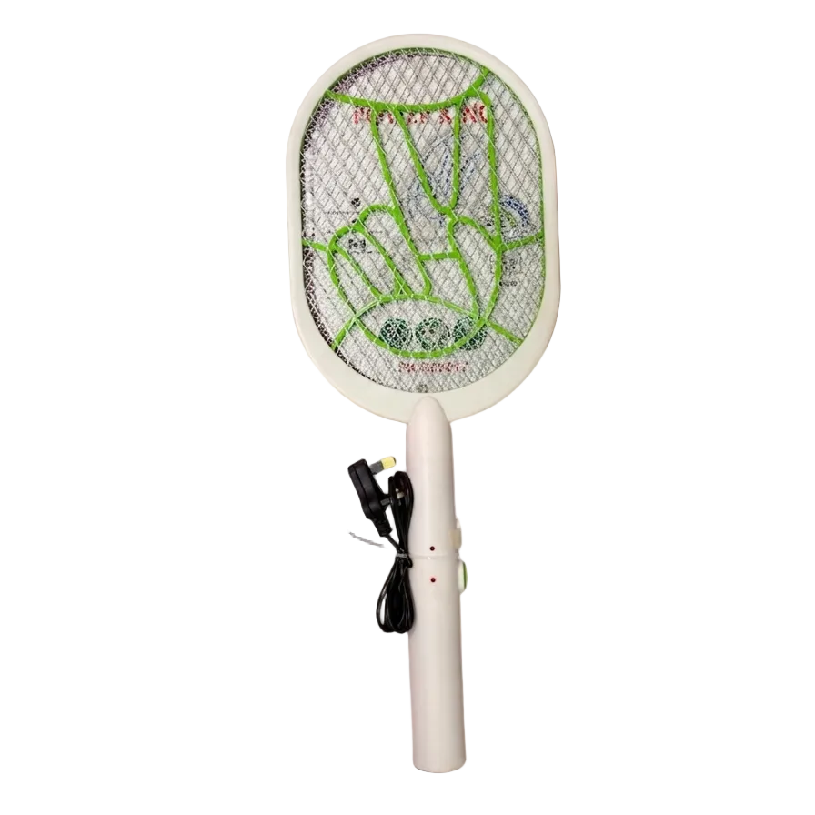 Electric fly swatter with a design of a fly on a wooden surface in a kitchen.