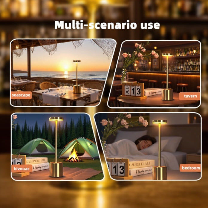  multi-scenario use of Rechargeable LED Desk Lamp including outdoor, indoor, and camping settings.