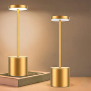 Two Rechargeable LED Desk Lamps on a wooden surface with a beige background