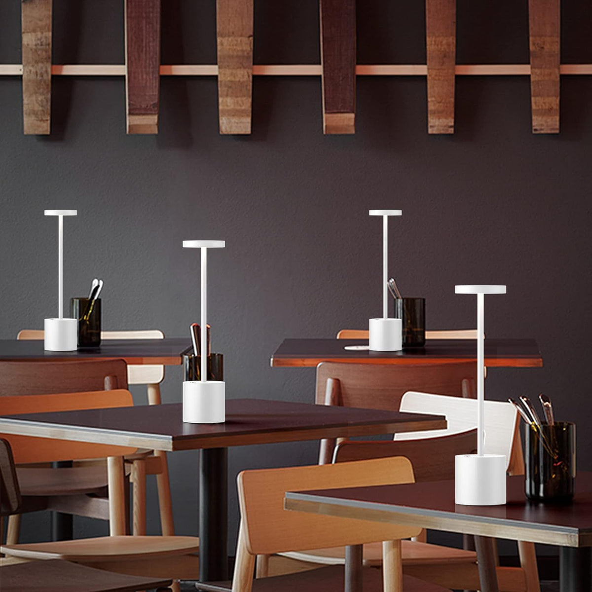 Rechargeable LED Desk Lamps are arranged on a tables at Restaurant setting