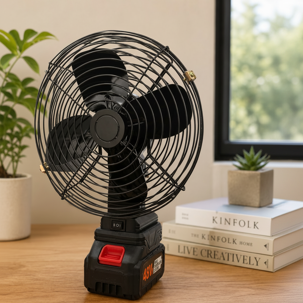 Rechargeable Lithium Electric Fan on a wooden surface with books and plants in the background