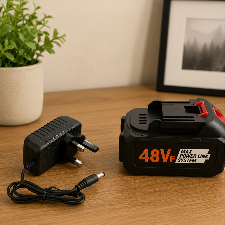 48V battery and charger of Rechargeable Lithium Electric Fan on a wooden surface with a plant and framed picture in the background.