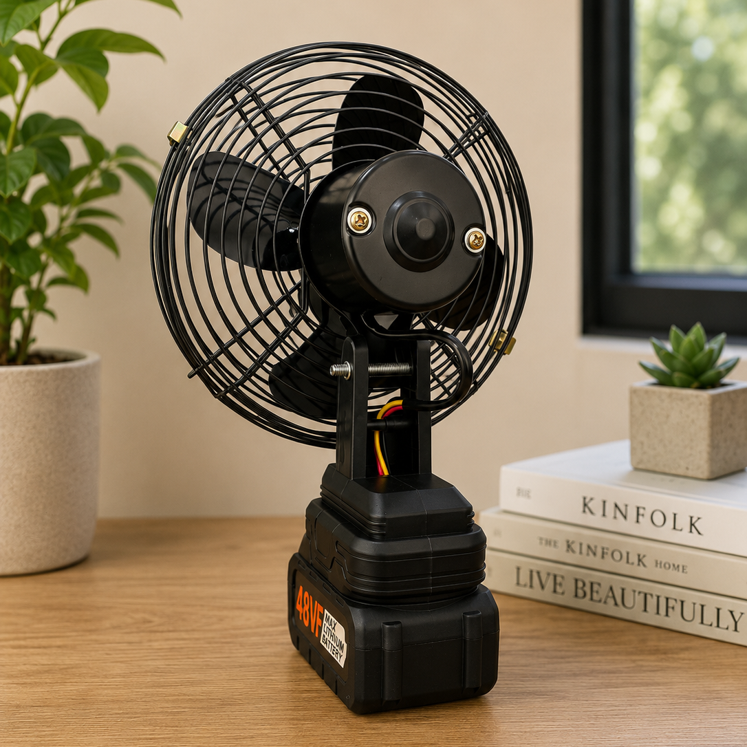 Rechargeable Lithium Electric Fan on a wooden surface with books and plants in the background