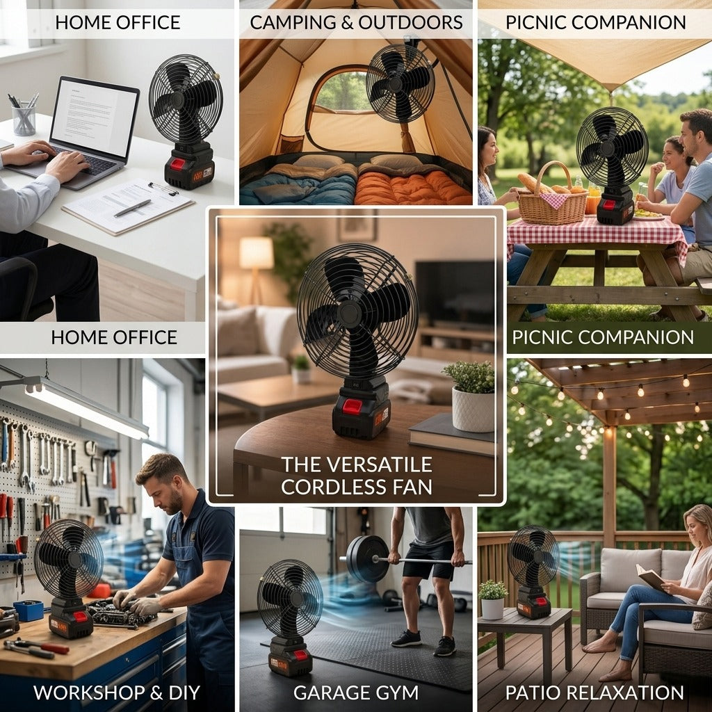 Collage of a Rechargeable Lithium Electric Fan in various settings including home office, camping, picnic, workshop, garage gym, and patio.