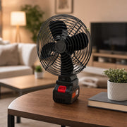 Rechargeable Lithium Electric Fan on a wooden table in a living room setting.