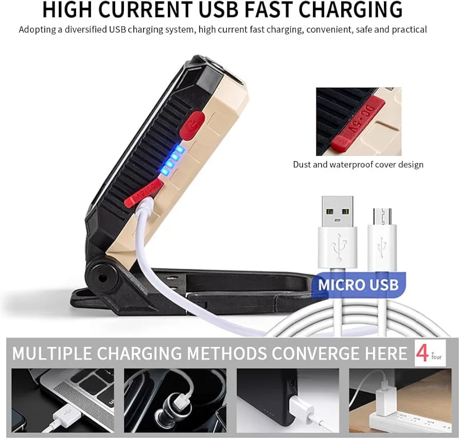 Rechargeable Portable LED Flash Light is Connected to Multiple Devices For Charging.