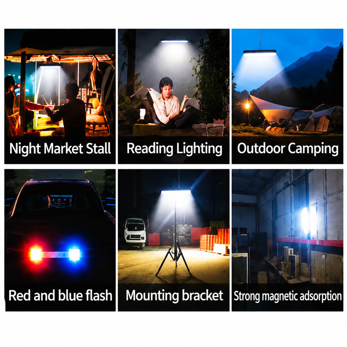Multi Usage scenarios of Rechargeable Solar LED Camping Light.