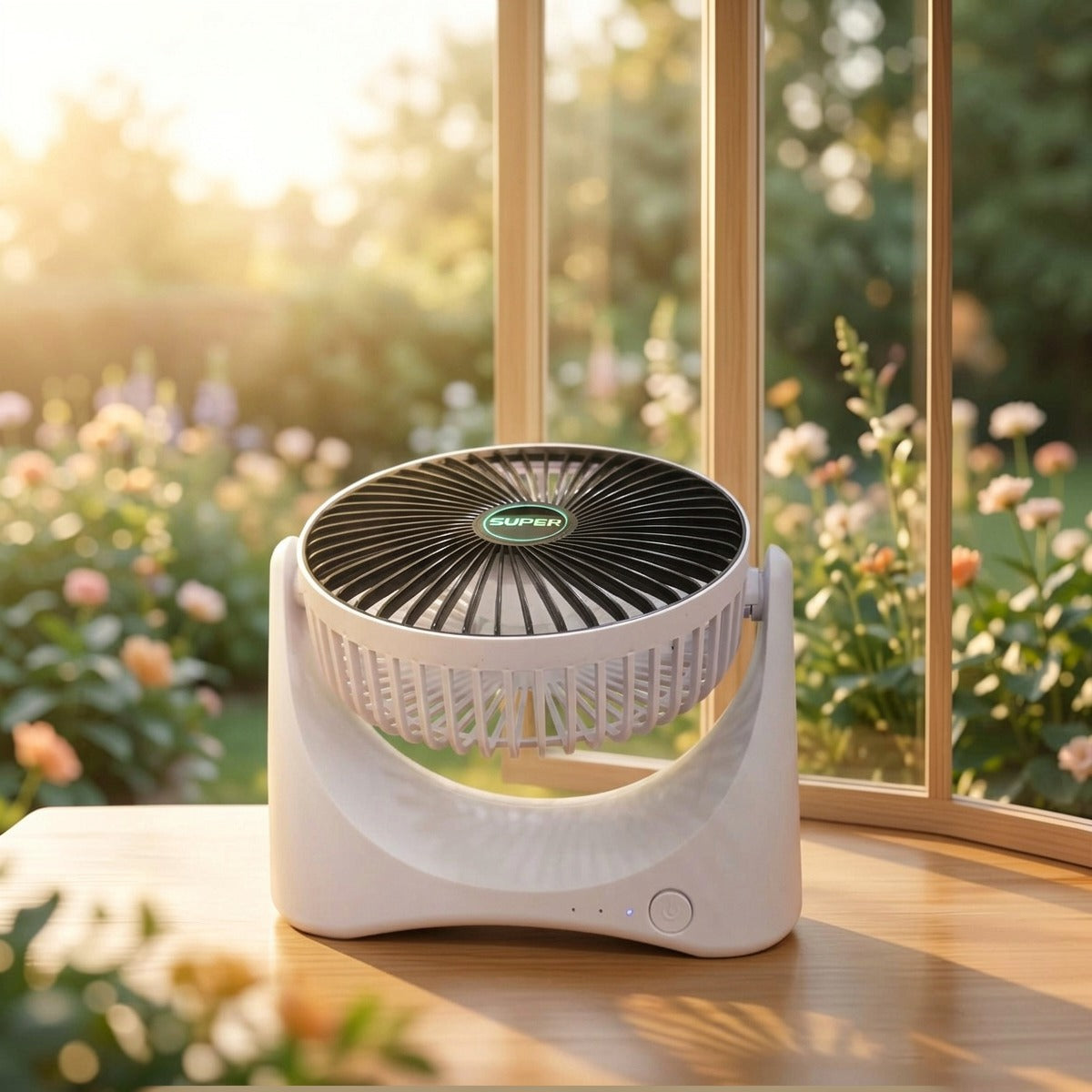 Rechargeable USB Desktop Fan on a windowsill with a garden view