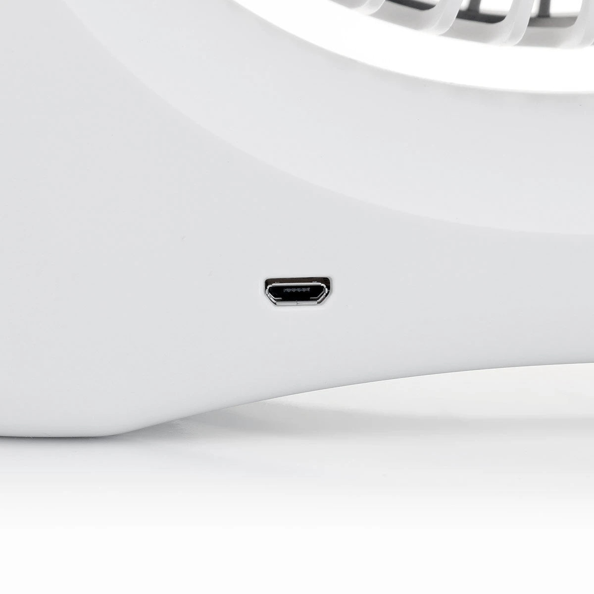 Close-up of a Rechargeable USB Desktop Fan with a USB-C port on a light gray background
