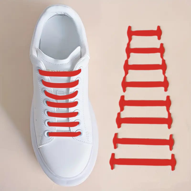 Red Silicone No Tie Creative Shoelaces Fixed on Shoe.