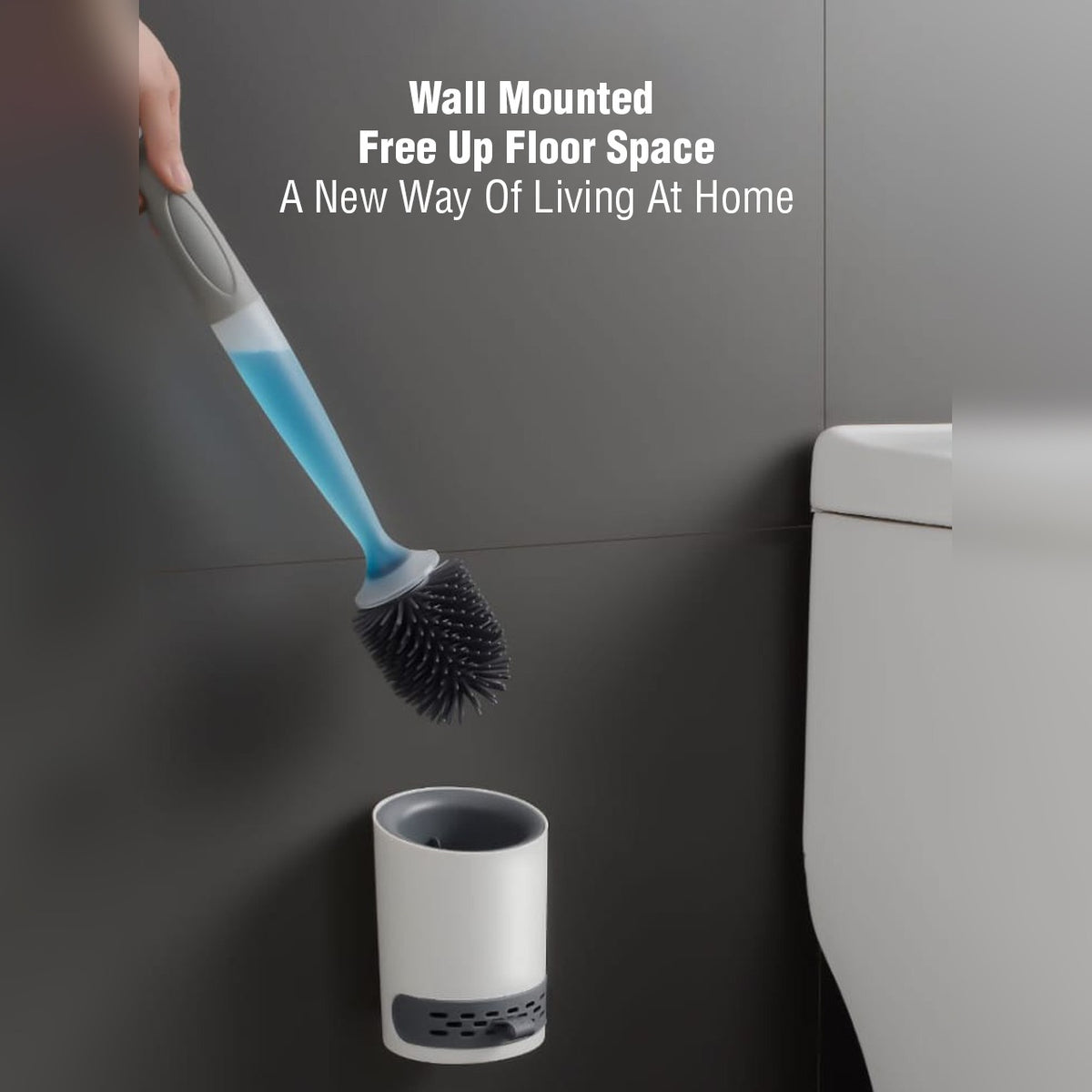 A Person Taking Detergent Refillable Toilet Cleaning Brush From its Holder.