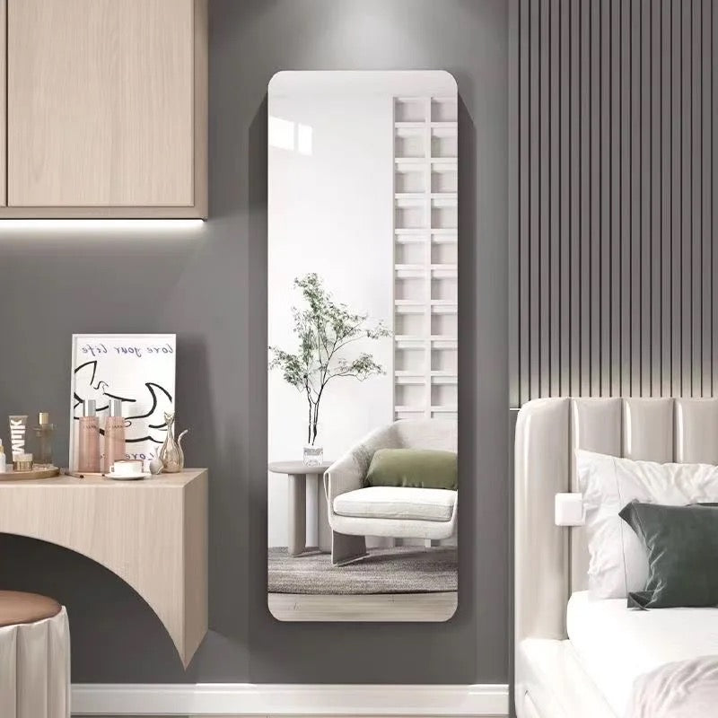 HD Self-Adhesive Acrylic Mirror Tiles elegantly placed on the wall next to a sofa