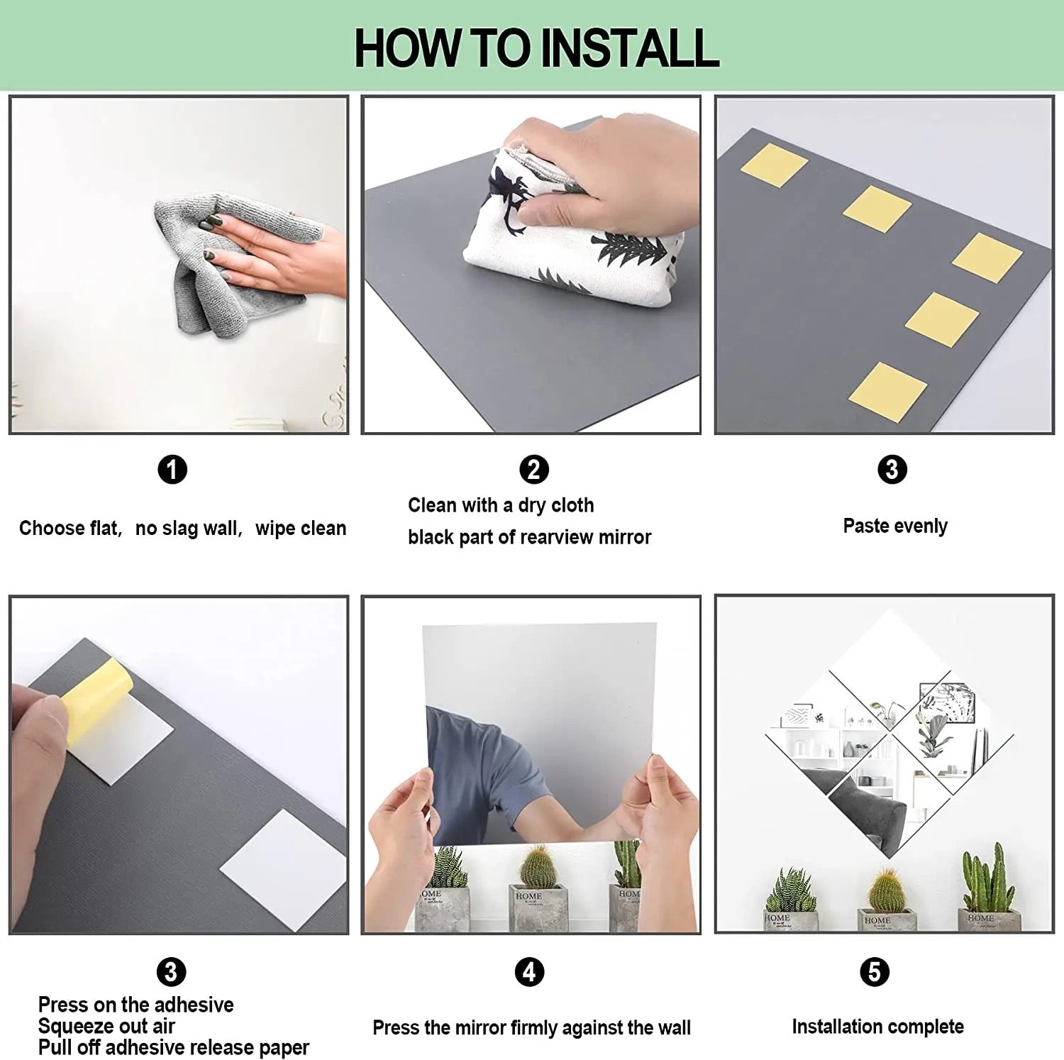 Visual instructions on how to install HD Self-Adhesive Acrylic Mirror Tiles