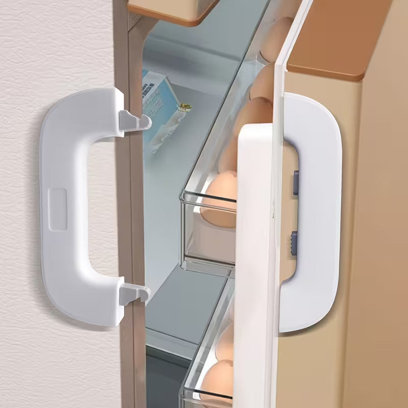 Close-up of a refrigerator door with Refrigerator Child Safety Lock.