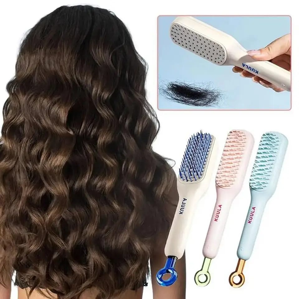 A Women is Combed Her Hair Using Retractable Self Cleaning Hair Brush.