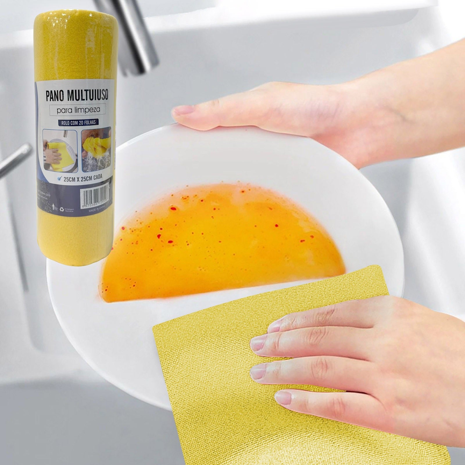 A yellow cleaning cloth is shown being used to wipe a white plate in a sink, with a matching roll of yellow cloth and a product label visible on the left.