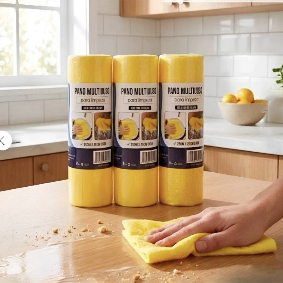 Three yellow multi-use cleaning cloths in rolls stand on a wooden kitchen counter, with a hand wiping a matching yellow cloth on the counter in a bright kitchen setting.