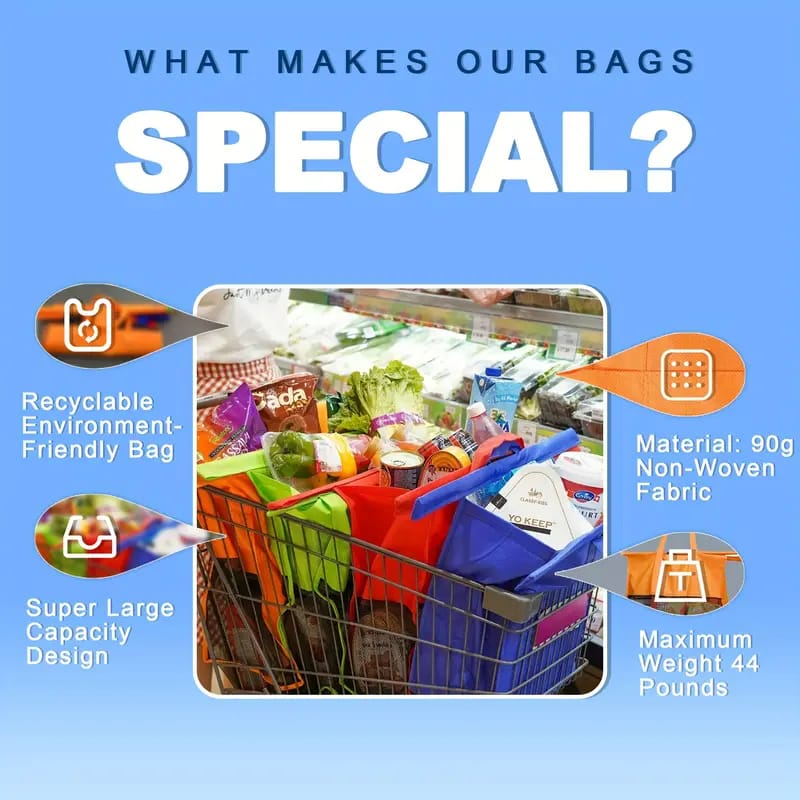 Reusable Shopping Grocery Bags with Groceries are Arranged in a Shopping Trolley Cart.