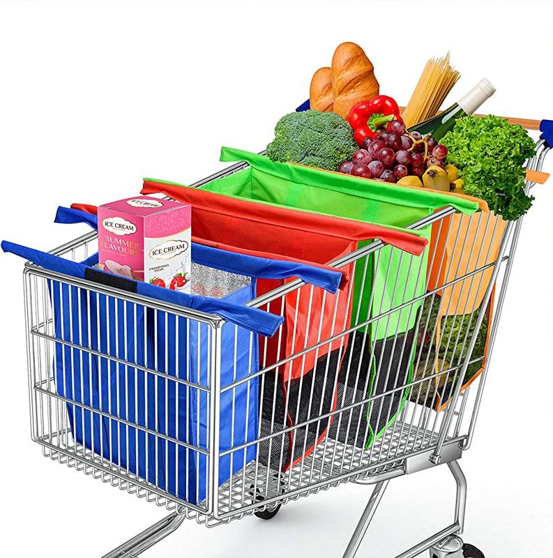 Reusable Shopping Grocery Bags with Groceries are Arranged in a Shopping Trolley Cart.