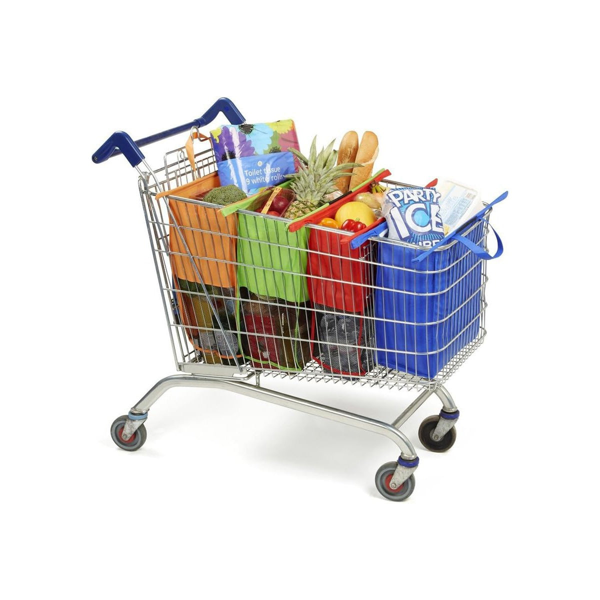 Reusable Shopping Grocery Bags with Groceries are Arranged in a Shopping Trolley Cart.