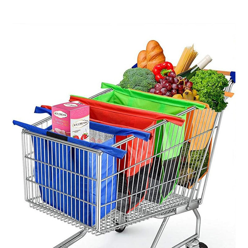 Reusable Shopping Grocery Bags with Groceries are Arranged in a Shopping Trolley Cart.