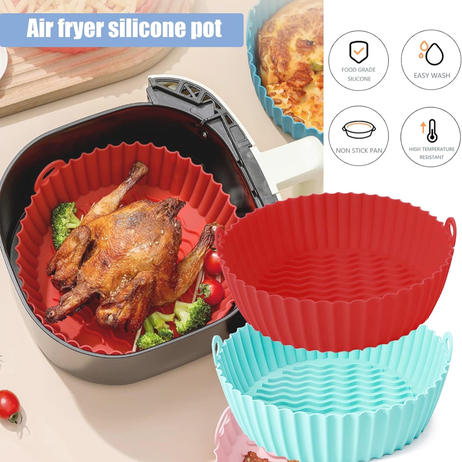 A Reusable Silicone Air Fryer Basket with Chicken is Placed at Air Fryer.