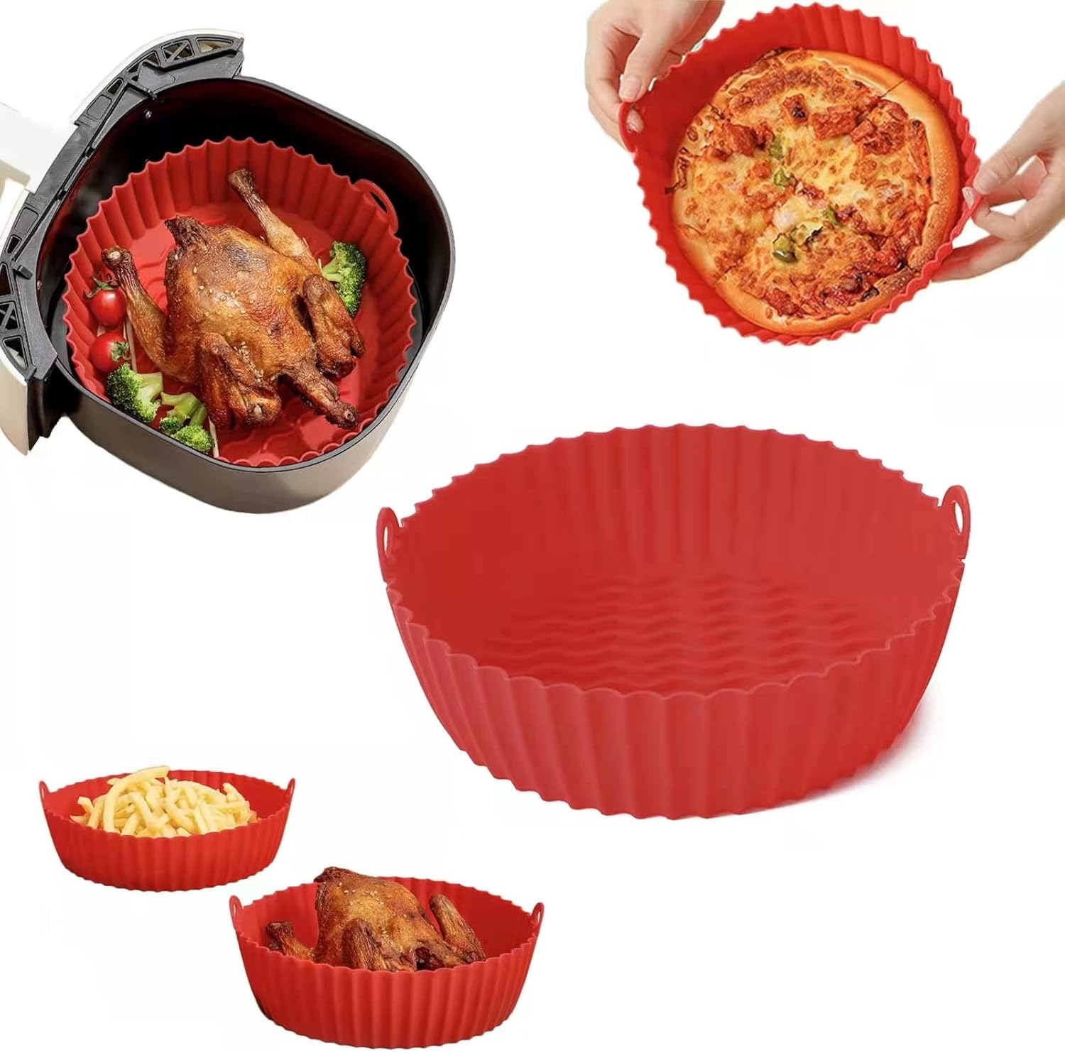 A Person is Holding Reusable Silicone Air Fryer Basket with Food.
