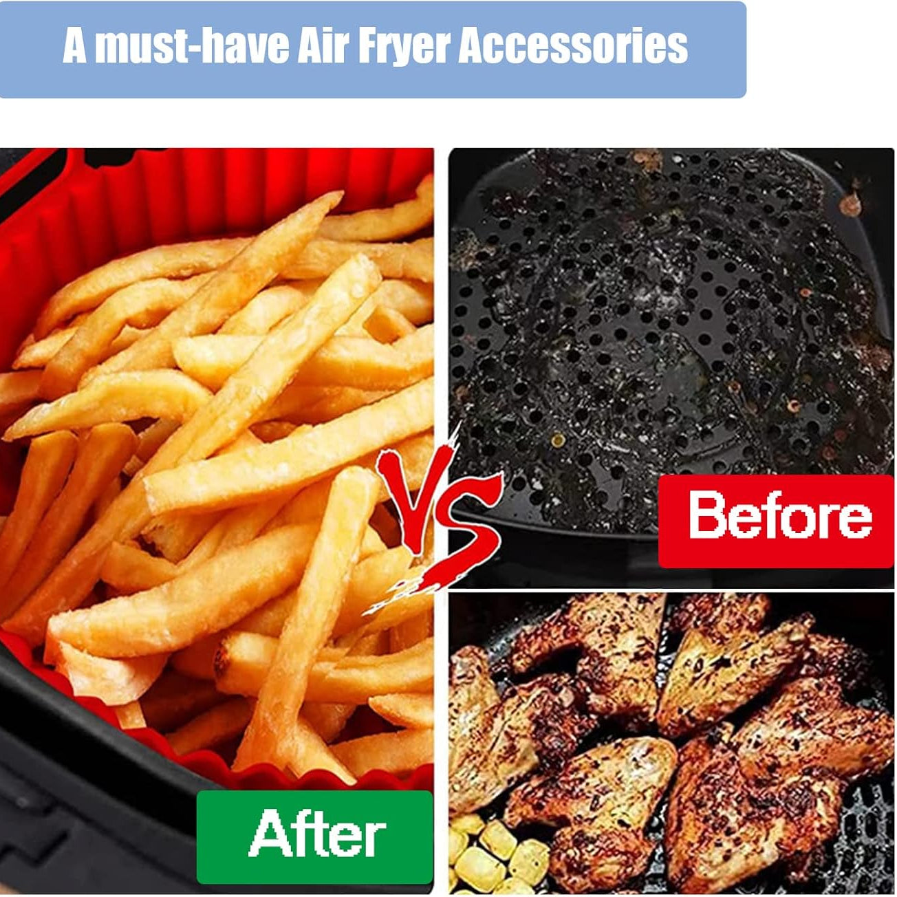 Before and After Usage Of Reusable Silicone Air Fryer Basket.