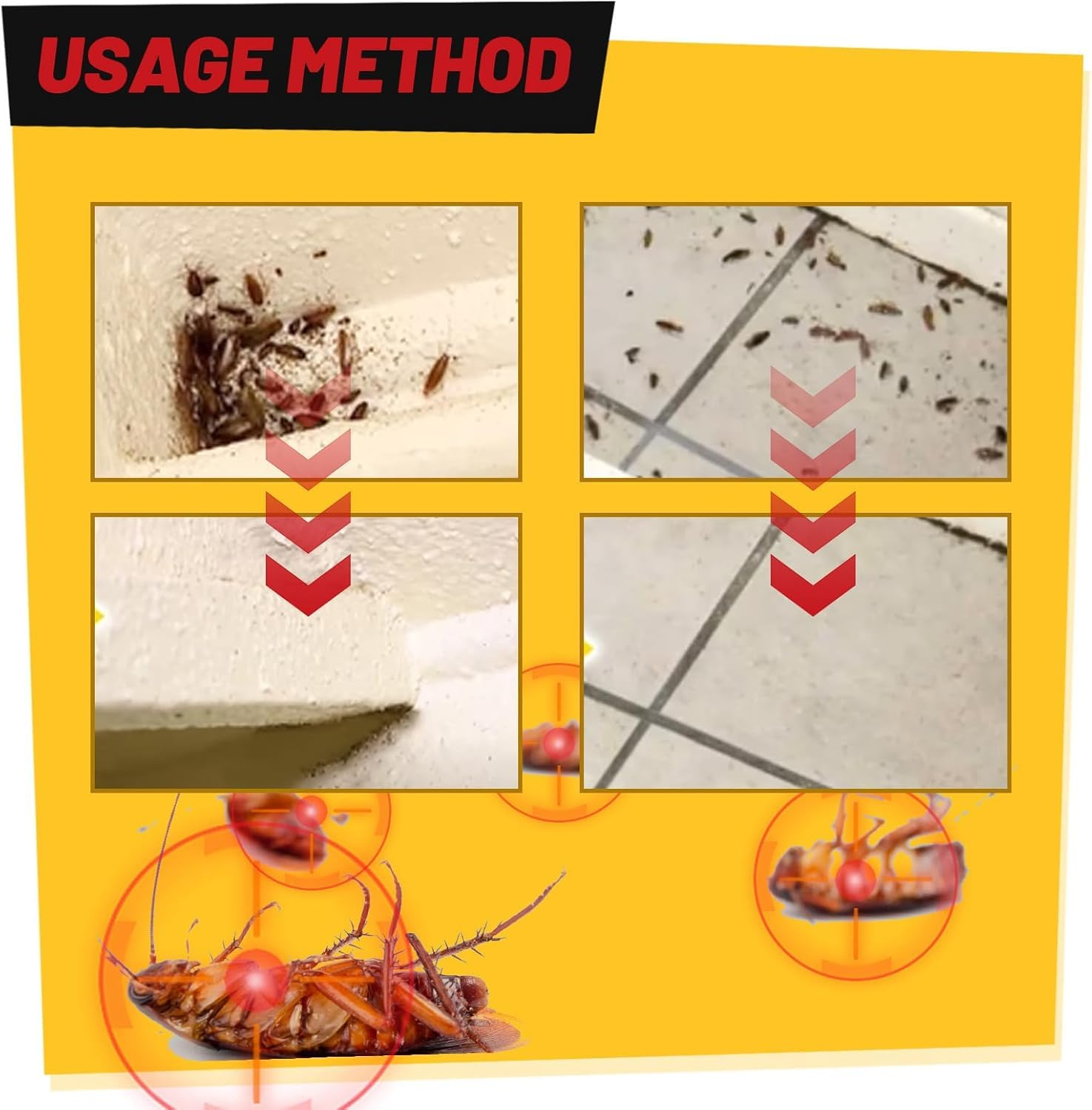 Instructions for using a Roach Doctor Cockroach Gel Bait with images of pests and application methods on a yellow background.