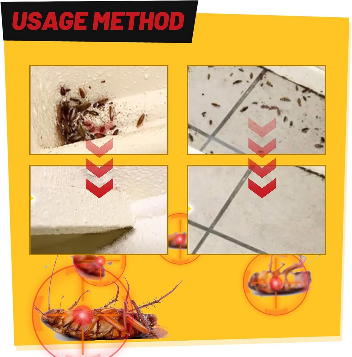 Instructions for using a Roach Doctor Cockroach Gel Bait with images of pests and application methods on a yellow background.