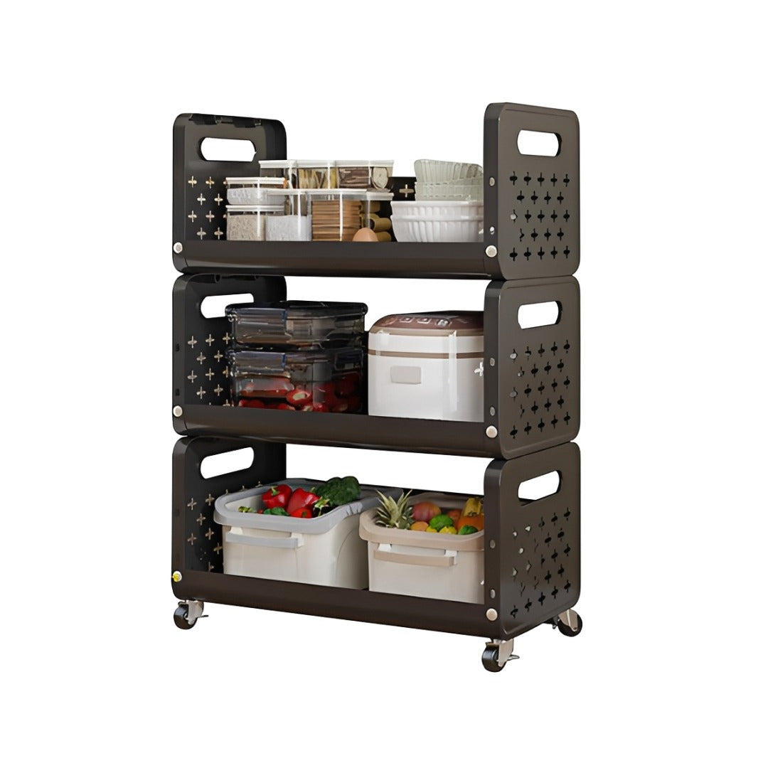 Rolling Metal Storage Cart is Organized with Kitchen Essentials.