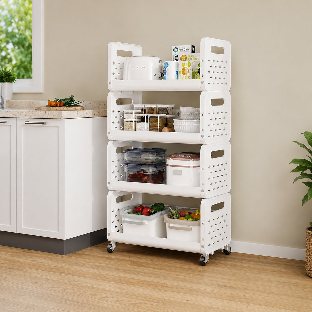 Rolling Metal Storage Cart is Organized with Kitchen Essentials.