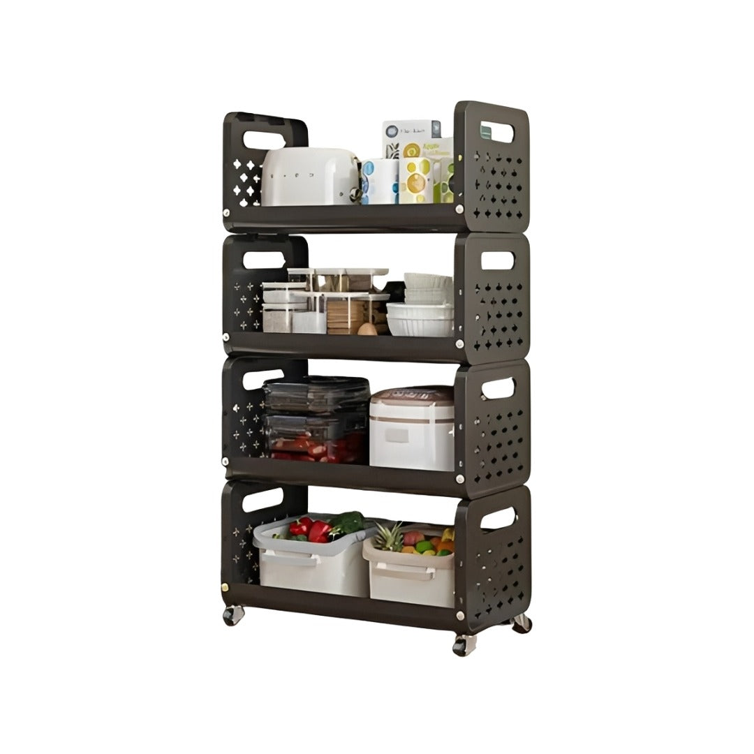Rolling Metal Storage Cart is Organized with Kitchen Essentials.