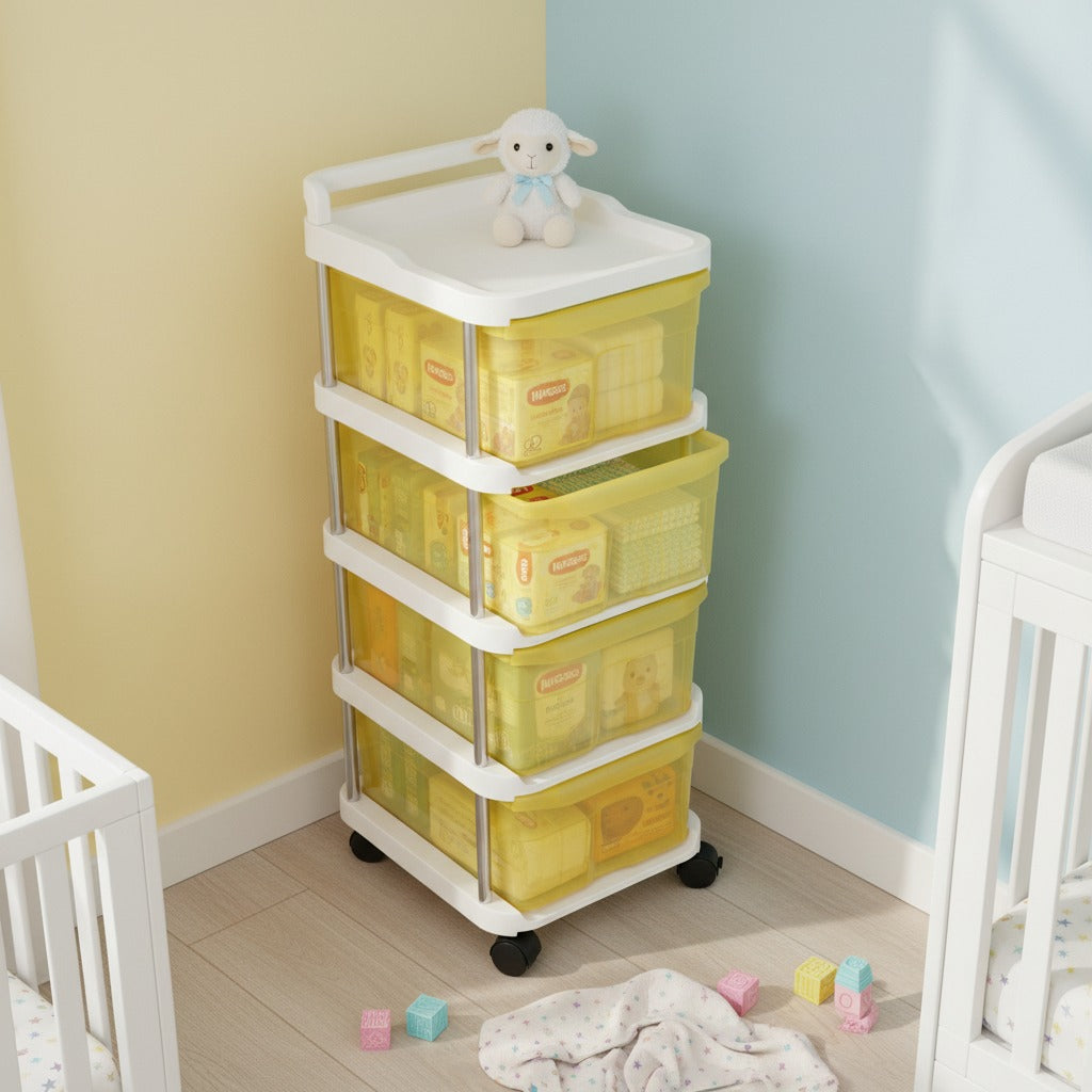 A 4 - Tier Rolling Storage Organizer Rack is Organized with Baby Essentials.