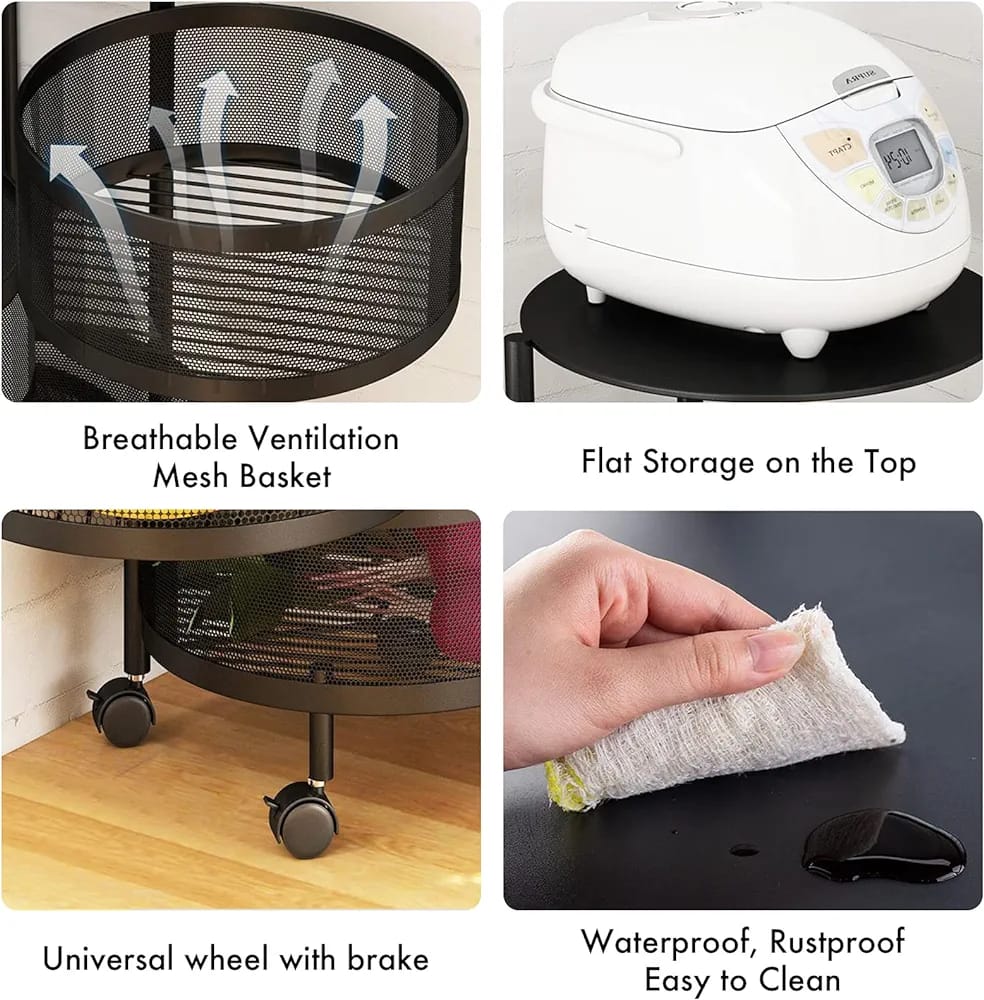 Multi- Layer Kitchen Storage Rotatable Rack, Round Basket Shelf Rack, Kitchen Fruit Vegetable Storage Organizer Cart with Wheels Multi- Layer Kitchen Storage Rotatable Rack, Round Basket Shelf Rack, Kitchen Fruit Vegetable Storage Organizer Cart with Wheels