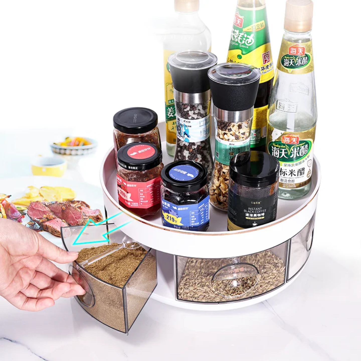A Person is Opening the Rotating Kitchen Spice Rack.