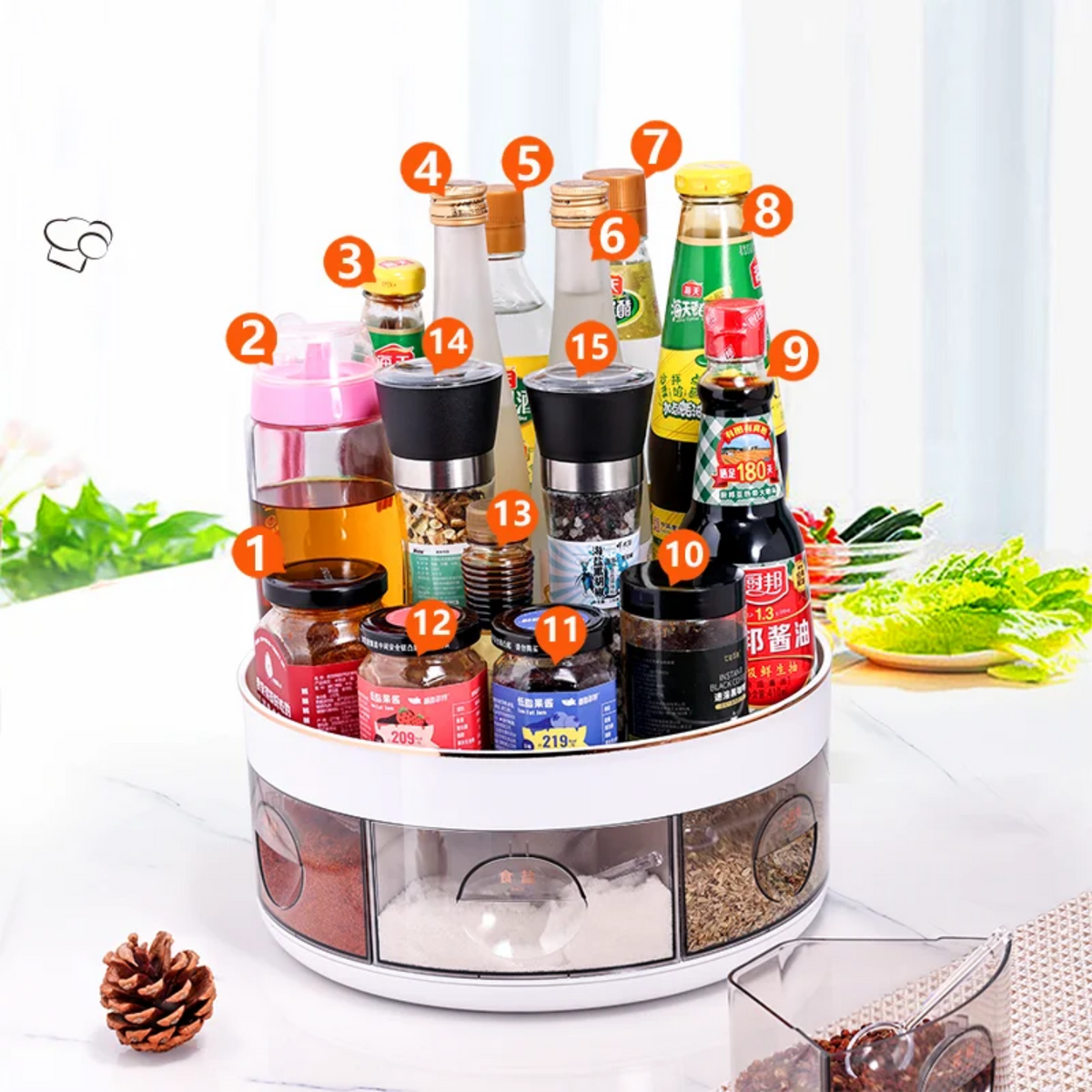 Spices and Bottles are Arranged in a Rotating Kitchen Spice Rack.