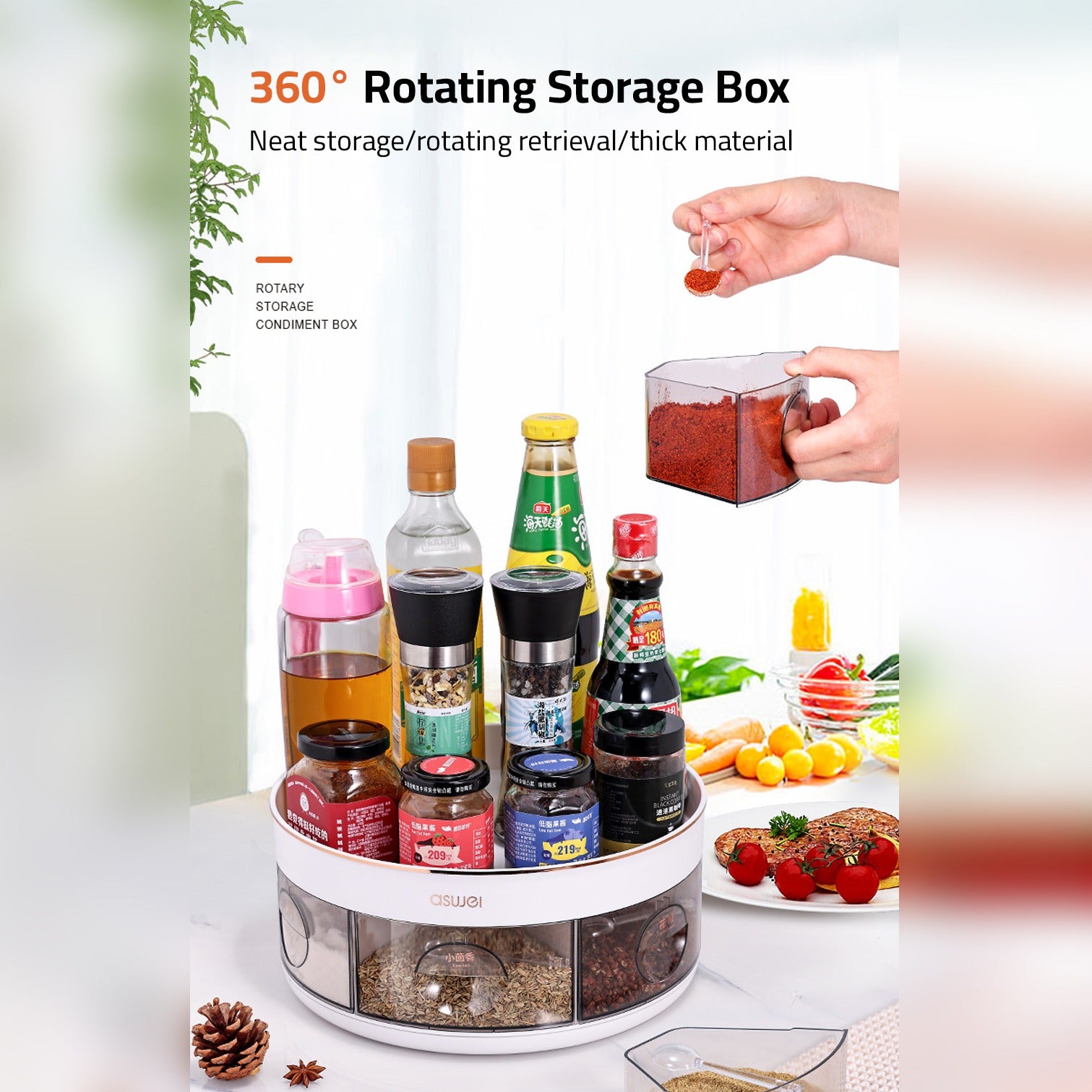 A Person is Taking Spices Rotating Kitchen Spice Rack and Spices and Bottles are Arranged in it.