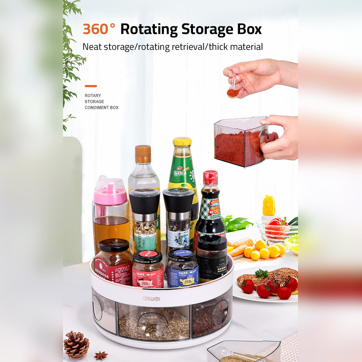 A Person is Taking Spices Rotating Kitchen Spice Rack and Spices and Bottles are Arranged in it.