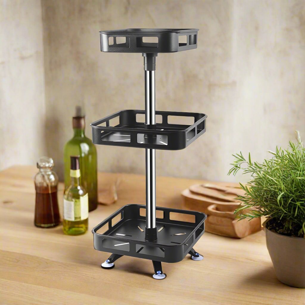 Rotating Kitchen Storage Rack In Black Color.