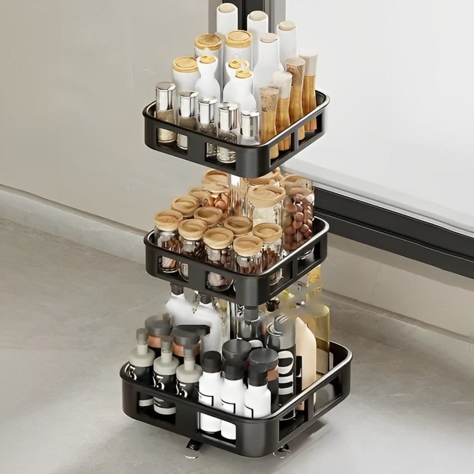 Rotating Kitchen Storage Rack With Spice Items.