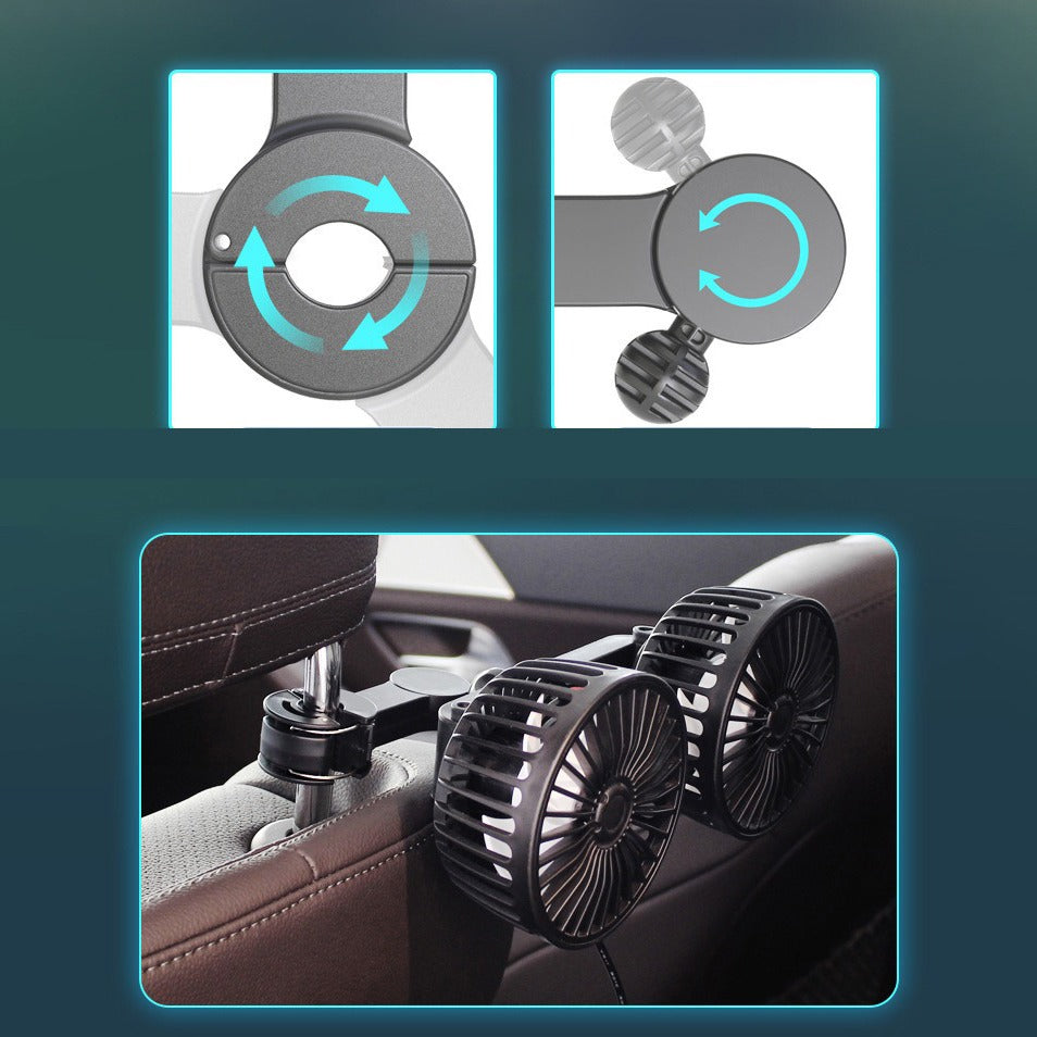 Rotating Mini Car Vehicle Cooling Fan is Attached on Car Head Rest.