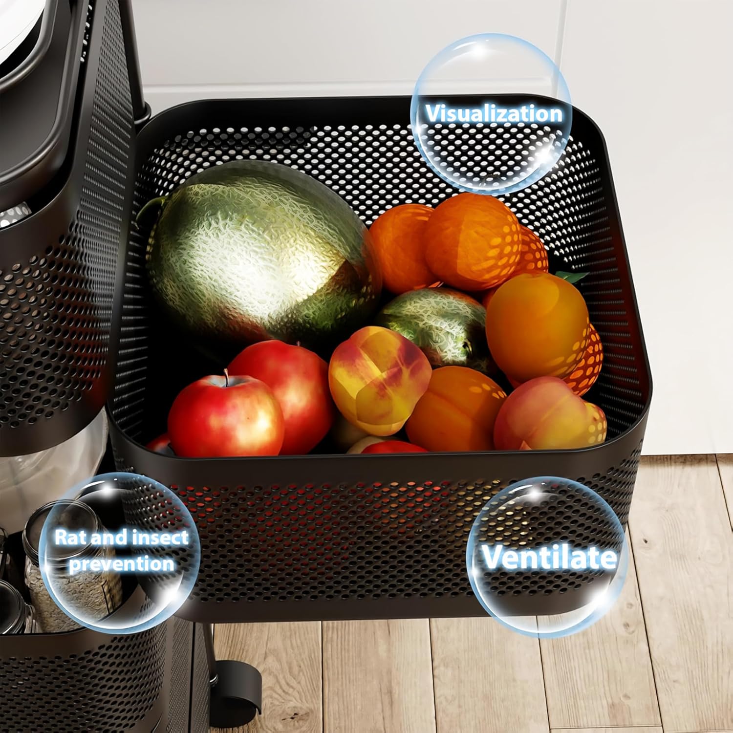 Metal Basket Of Rotating Square Kitchen Storage Rack.